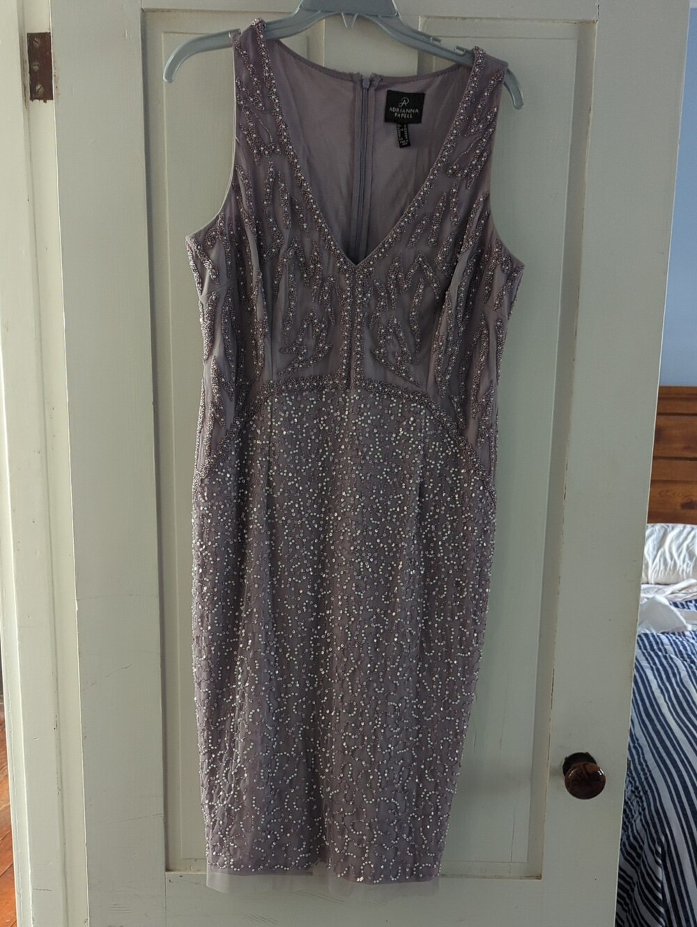Adrianna Papell Lavender Beaded V-Neck Sheath Dress